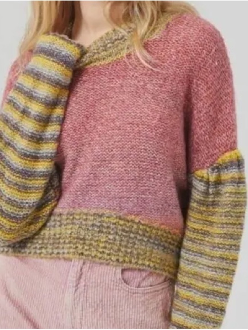 Urban Outfitters Pink Sweater with Yellow & Gray Striped Sleeves